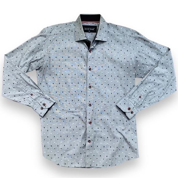 Jared Lang Gray Button Down With Black and White Rectangle Print Dress Shirt - Picture 1 of 11